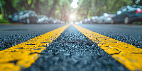 Double yellow lines on asphalt road closeup. Urban traffic marking separating different direction lanes. Color parallel lines on textured route surface. - Powered by Adobe