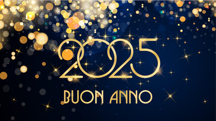 biglietto o banner per augurare un felice anno nuovo 2025 in oro con cerchi color oro e glitter con effetto bokeh su sfondo blu - obrazy, fototapety, plakaty