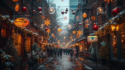 City Escapades: Showcase bustling city streets with holiday shoppers, street performers, and festive decorations, capturing urban holiday vibes. - obrazy, fototapety, plakaty