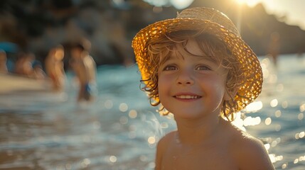 An outdoor portrait of a young boy in a bright, summer outfit, his joy palpable amidst a lively beach setting 