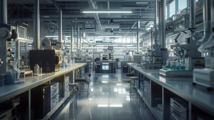 Naklejka premium A state-of-the-art pharmaceutical formulation development laboratory with formulation scientists' workstations and tablet compression machines