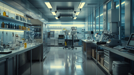 A state-of-the-art pharmaceutical formulation development laboratory with formulation scientists' workstations and tablet compression machines