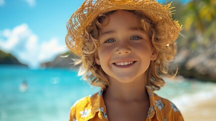 An outdoor portrait of a young boy in a bright, summer outfit, his joy palpable amidst a lively beach setting 
