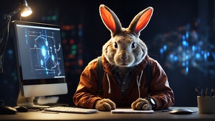 A rabbit wearing a brown sweater is sitting at a desk in front of a computer.

 - obrazy, fototapety, plakaty