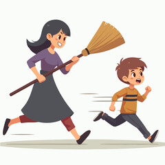 Mom with a broom chasing a distracting boy in a flat design illustration