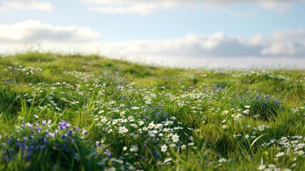 Grassy hillside, small flowers,