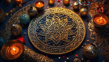 Fototapeta na wymiar A round golden ornament with intricate designs is placed on a table.