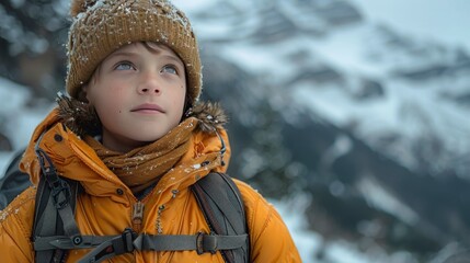An outdoor shot of a boy in a rugged, outdoorsy ensemble, his spirit adventurous, with a dramatic mountain landscape behind him