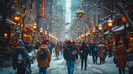 City Escapades: Showcase bustling city streets with holiday shoppers, street performers, and festive decorations, capturing urban holiday vibes. - obrazy, fototapety, plakaty