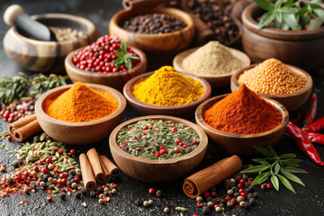 Assorted spices and herbs on kitchen table