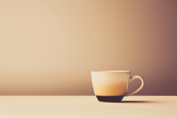A white coffee cup sits on a table with a light brown background