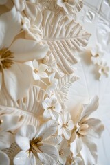 Fototapeta na wymiar pure white tropical jungle embossed, floral, small gold accents and details 