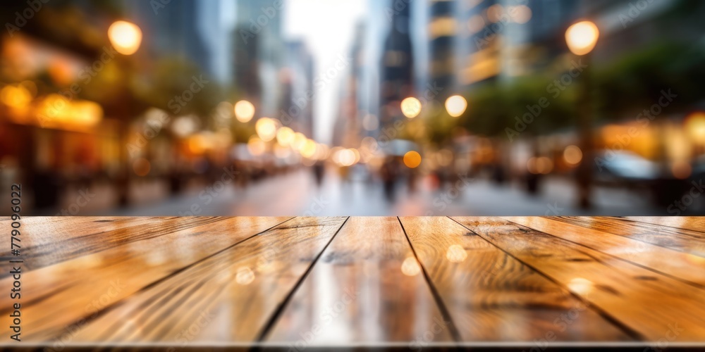 Poster the empty wooden table top with blur background of street in downtown business district with people 