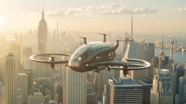 Autonomous Drone Flying Over New York City Skyline at Dawn