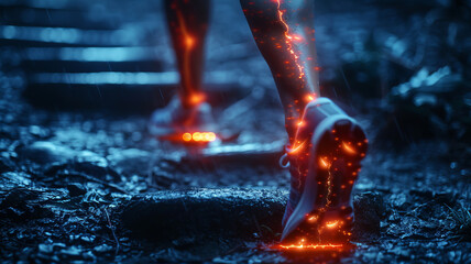 A composite showing a runner's leg with a glowing, red outline around the knee to signify joint pain, generative ai
