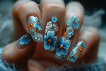Female nails with figures of petal blue color closeup and flowers. Nail art - 779097827