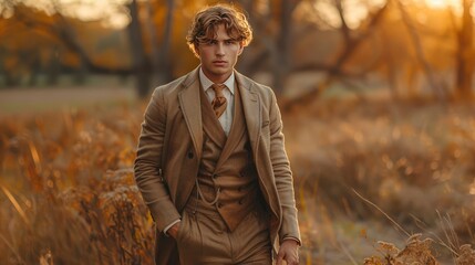 A young man in a tailored, eco-friendly ensemble, his fashion sense advocating sustainability, walks with purpose against a nature-inspired set 