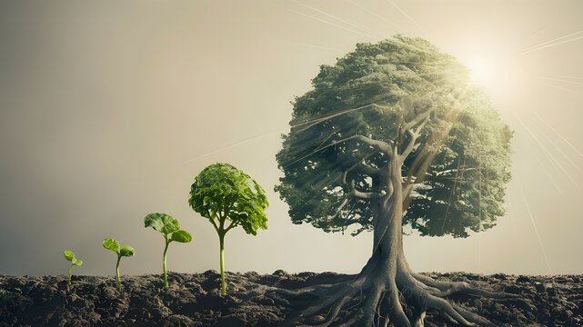 Growth idea with a tiny plant popping up from soil and turning into a big tree.