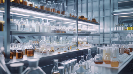 A modern food chemistry testing laboratory with analytical instruments and testing equipment,...