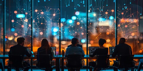 A futuristic business meeting conducted entirely through internet-connected phones