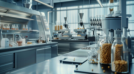 A modern food chemistry testing laboratory with analytical instruments and testing equipment, momentarily still but ready to analyze the chemical composition of food samples