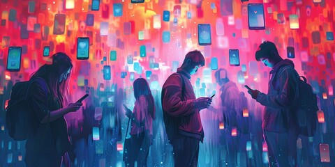 People immersed in mobile phones, symbolizing the internet age - obrazy, fototapety, plakaty