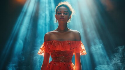 A young woman in a bold, statement-making fashion piece captures the audience's attention, her walk powerful and assertive, highlighted by dramatic lighting