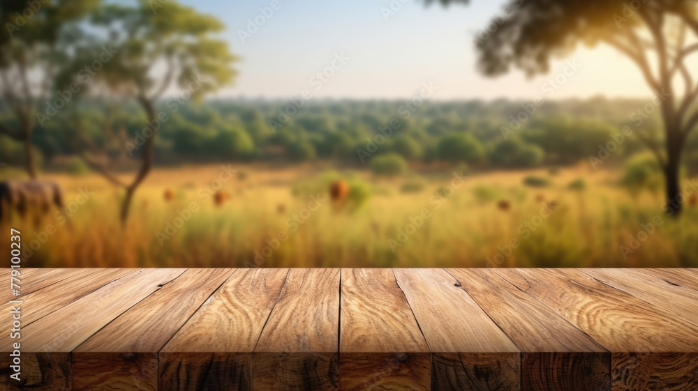 Wall mural the empty wooden brown table top with blur background of savanna safari. exuberant image. generative