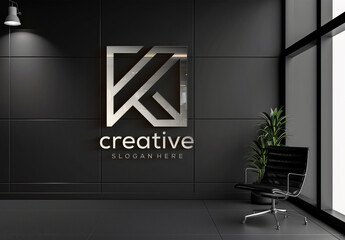 Logo Mockup On Office Wall With 3D Glossy Metal Effect. Generative Ai