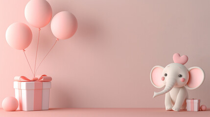 A 3D illustration of a cute gray elephant with pink inner ears and a heart above its head, standing next to a large gift box with pink balloons tied to it, on a pink background. Copy space.