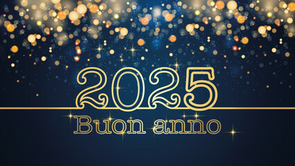 biglietto o striscione per augurare un felice anno nuovo 2025 in oro su sfondo blu con cerchi e glitter color oro con effetto bokeh