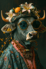 Stylish cow adorned in high fashion, donning extravagant accessories against a luxurious dark backdrop.generative ai