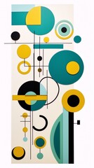 Obraz premium Abstract composition of circles, squares, and lines in teal, yellow, and black. 