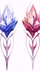 Two stylized, crystal roses, blue and pink, with ornate stems.
