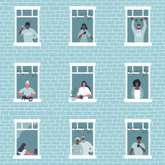 People at the window in blue house. Black and white people. Neighbors. No face people. Stay at home concept. Vector illustration