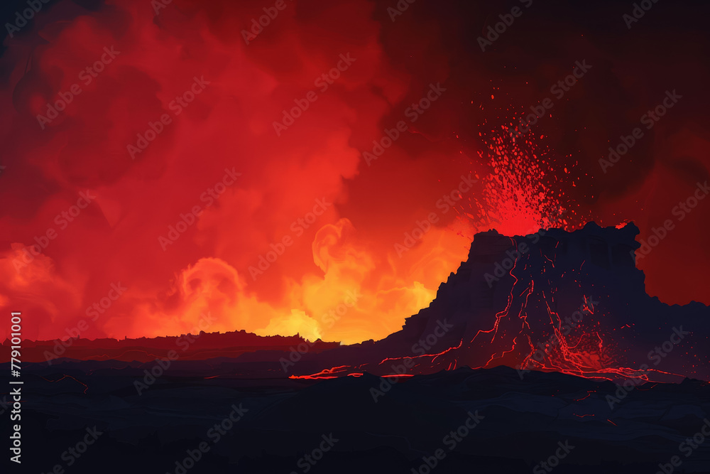 Poster a volcano with a red lava flow