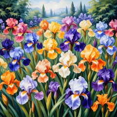 Illustration of beautiful watercolor iris garden in spring