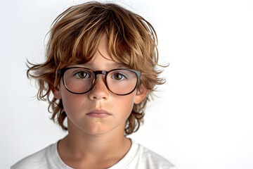 Obraz premium Close portrait of beautiful caucasian kid boy with glasses, isolated on a white background
