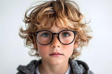Obraz premium Close portrait of beautiful caucasian kid boy with glasses, isolated on a white background