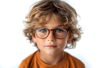 Obraz premium Close portrait of beautiful caucasian kid boy with glasses, isolated on a white background