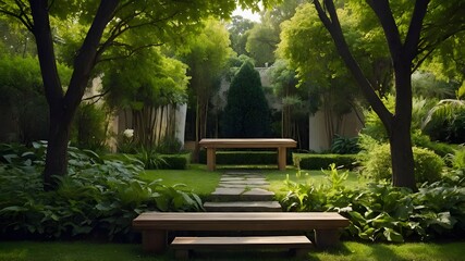 A lovely garden with towering trees and luxuriant vegetation surrounding a center bench - obrazy, fototapety, plakaty