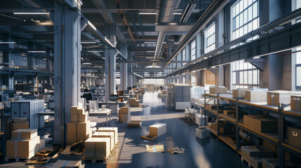 Naklejka premium A bustling logistics tracking technology firm with logistics tracking software developers' workstations and tracking tools, temporarily quiet but ready to develop logistics tracking software