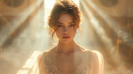 A young woman in a delicate, lace-adorned dress, her demeanor graceful and romantic, as she walks down a runway lined with soft, ambient lighting