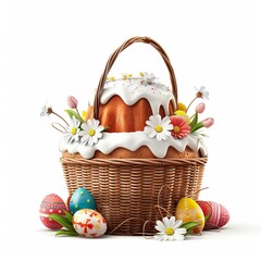 Easter basket with Easter cake and eggs.