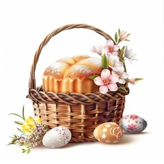 Easter basket with Easter cake and eggs.
