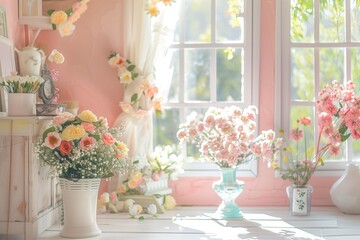 Fototapeta na wymiar Room adorned with fresh spring decor, such as floral arrangements, pastel-colored accents, and open windows welcoming in the warm spring breeze