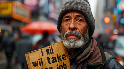 Homeless man holding clear cardboard looking for work.generative ai