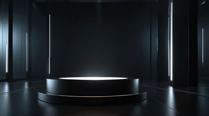 Futuristic dark podium with light and reflection background .Generative AI