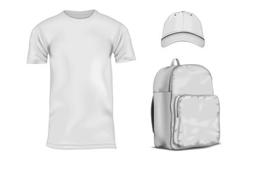 Corporate identity garment set. Realistic vector mockup. White blank T-shirt, baseball cap, backpack bag mock-up. Template for design - 779102445