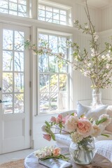 Fototapeta na wymiar Room adorned with fresh spring decor, such as floral arrangements, pastel-colored accents, and open windows welcoming in the warm spring breeze